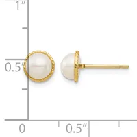 Pair of white pearl stud earrings with textured gold bezels shown next to a ruler for scale, measuring approximately 0.5 inches in diameter.
