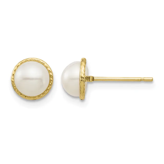A pair of gold stud earrings with white pearl tops set in textured gold bezels, shown from front and side views.