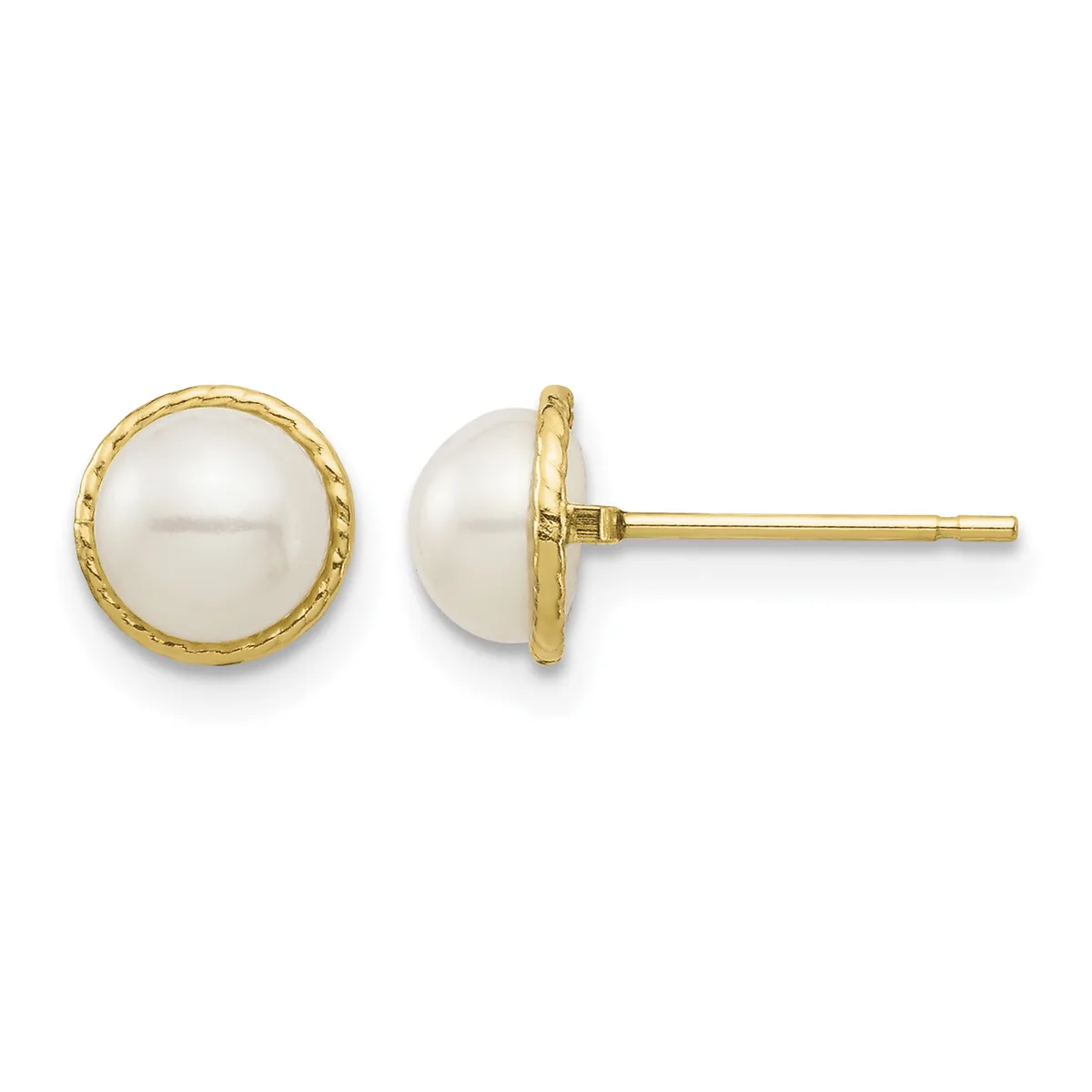 A pair of gold stud earrings with white pearl tops set in textured gold bezels, shown from front and side views.