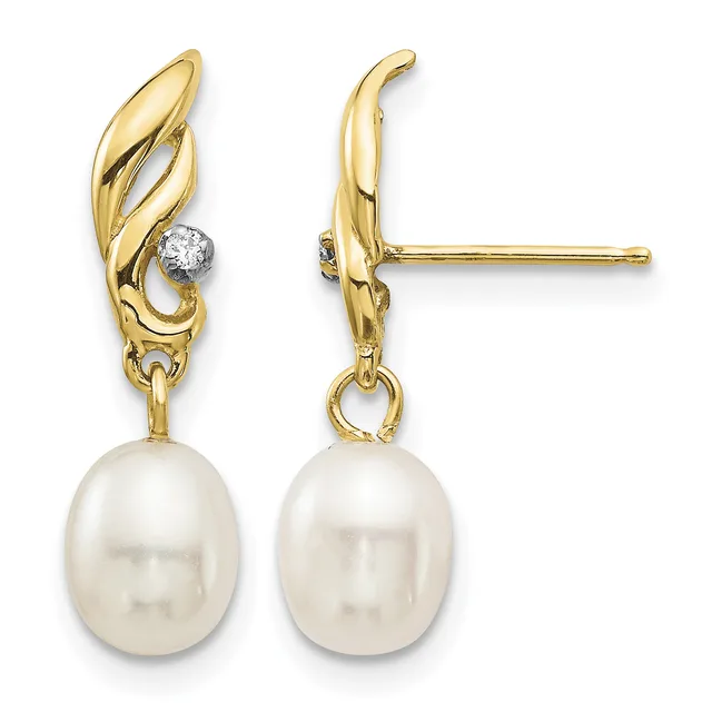 Pair of gold drop earrings with twisted leaf-shaped tops, small round diamonds, and dangling white pearl drops, shown from front and side views.