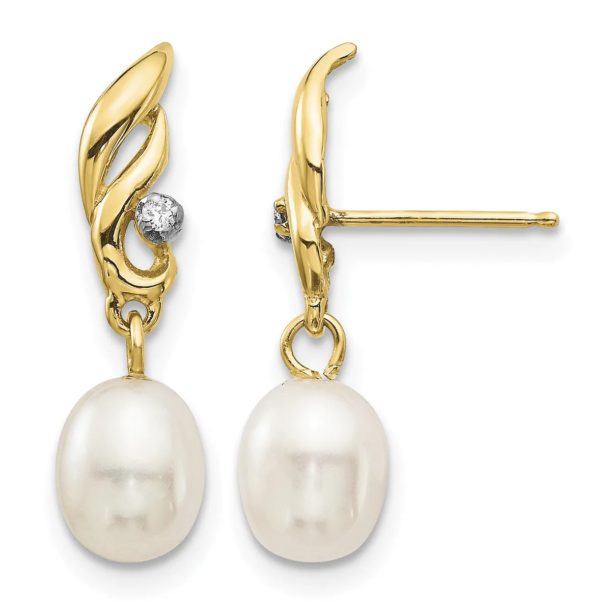 Pair of gold drop earrings with twisted leaf-shaped tops, small round diamonds, and dangling white pearl drops, shown from front and side views.