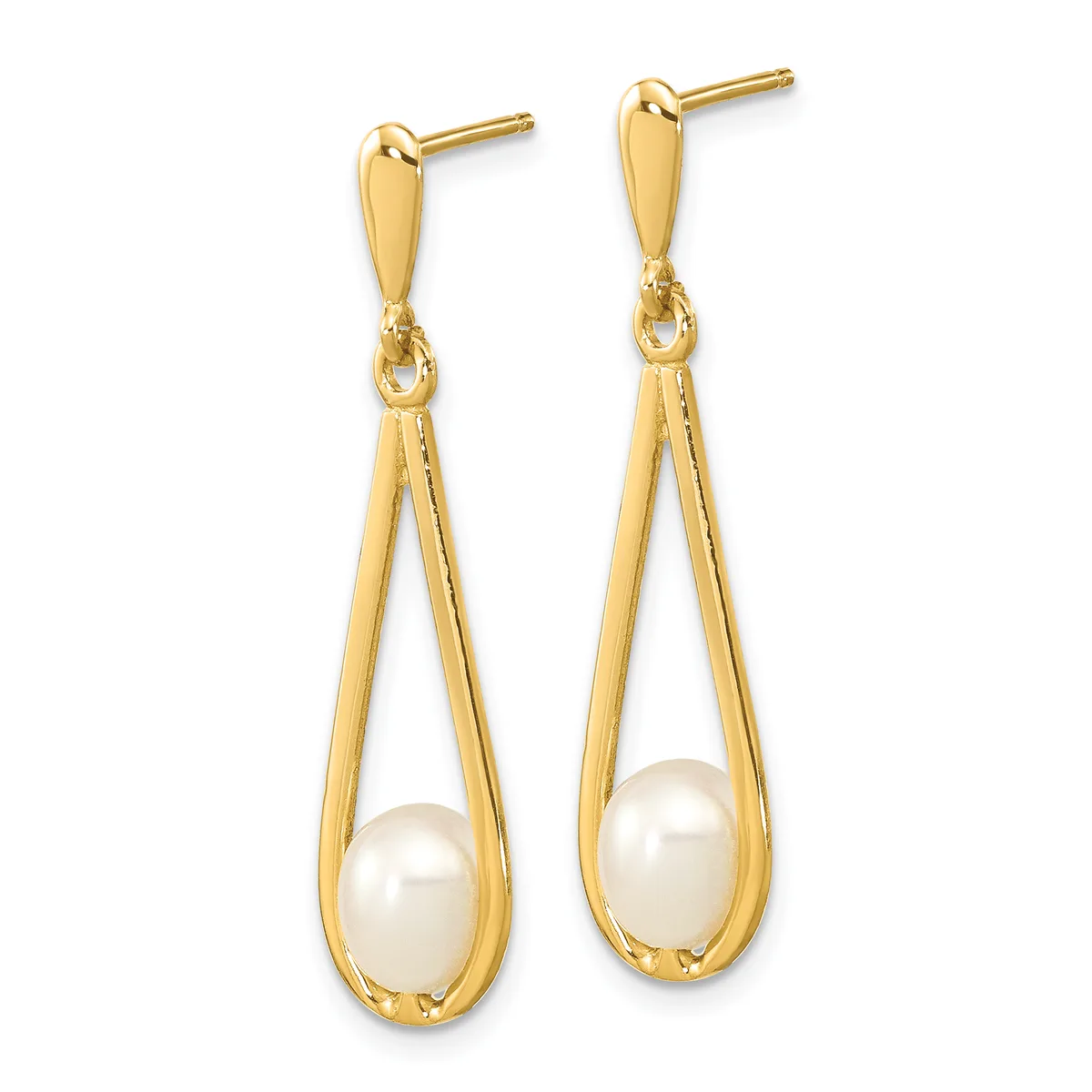 Pair of gold teardrop earrings with pearl centers, featuring post and post back closures.