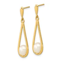 Pair of gold teardrop earrings with pearl centers, featuring post and post back closures.