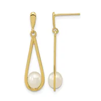 Pair of gold teardrop earrings with pearl drops, shown from front and back views.
