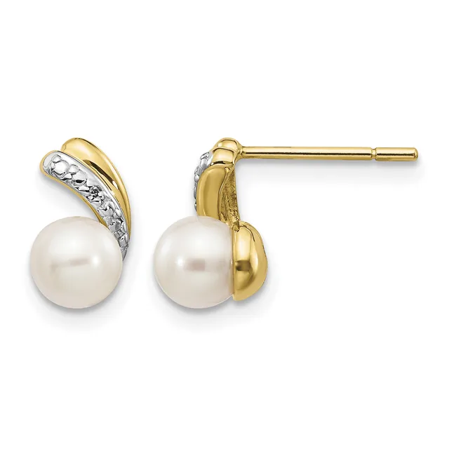 A pair of yellow gold stud earrings with white pearls and diamond accents, shown from the front and back views.