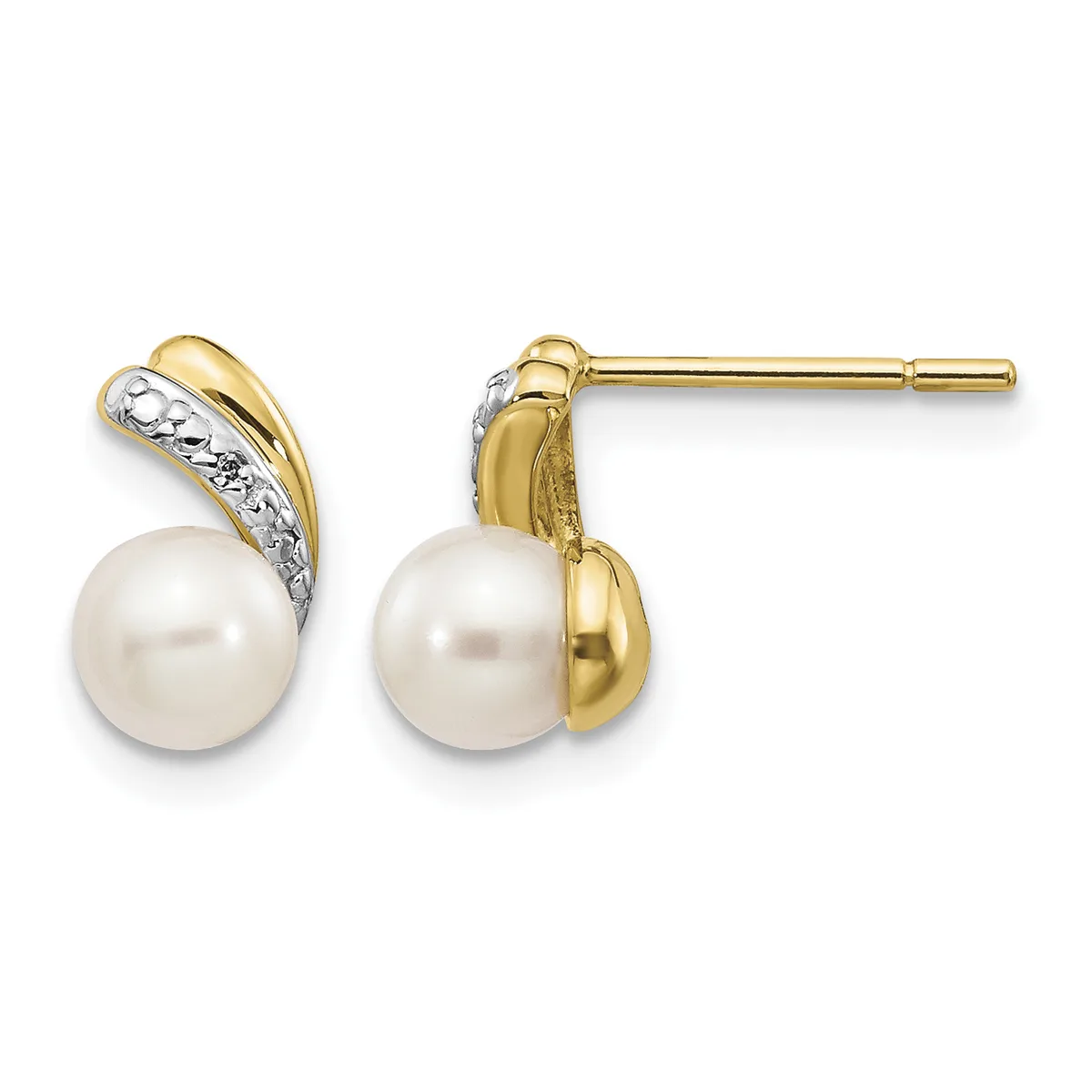 A pair of yellow gold stud earrings with white pearls and diamond accents, shown from the front and back views.