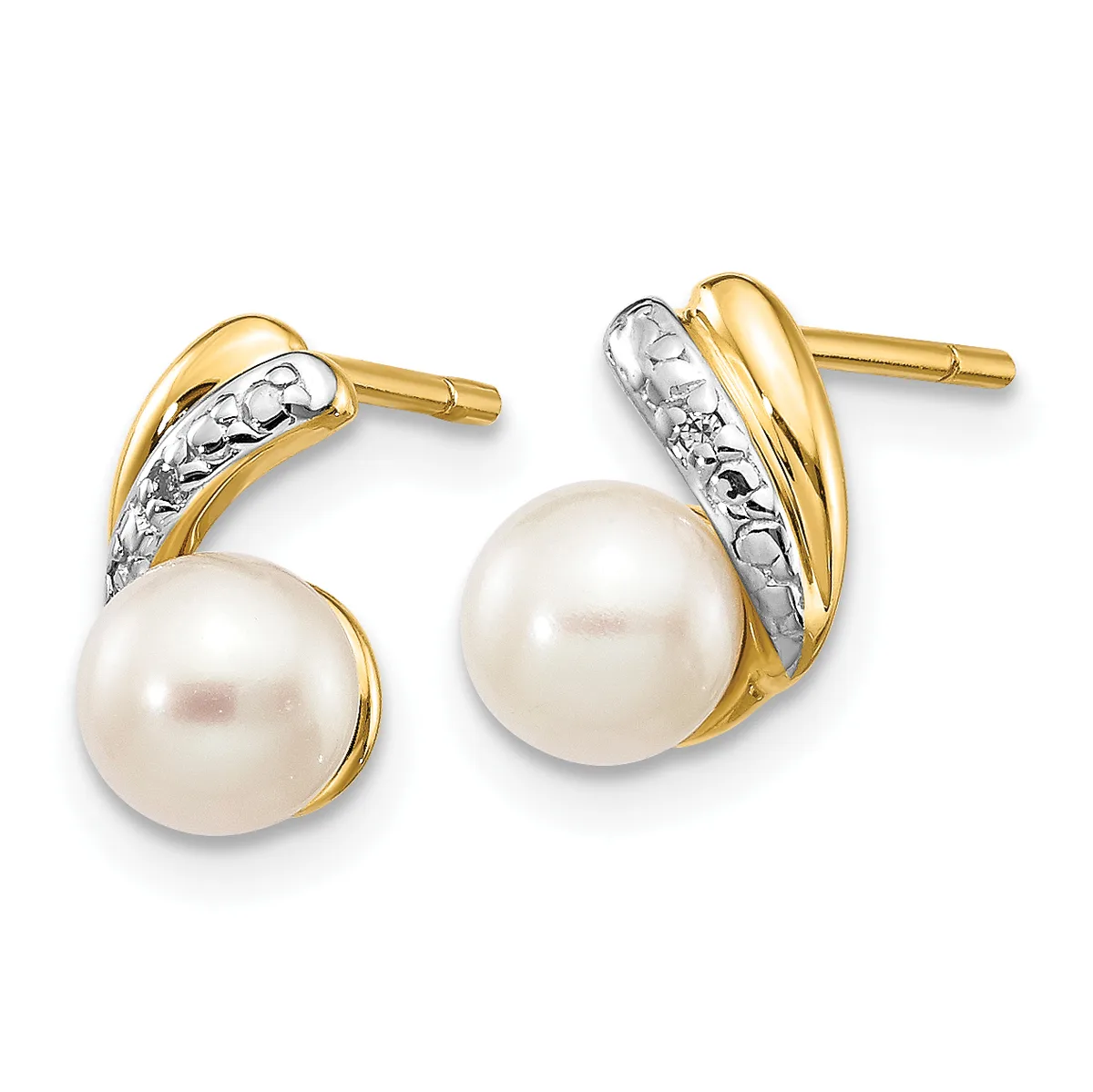 Pair of two-tone gold and silver stud earrings with white pearl drops and diamond accents, displayed side by side against a white background.