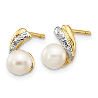 Pair of two-tone gold and silver stud earrings with white pearl drops and diamond accents, displayed side by side against a white background.