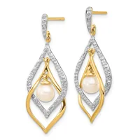 Pair of two-tone gold and diamond drop earrings with cream pearls suspended in nested teardrop frames, shown from the front.