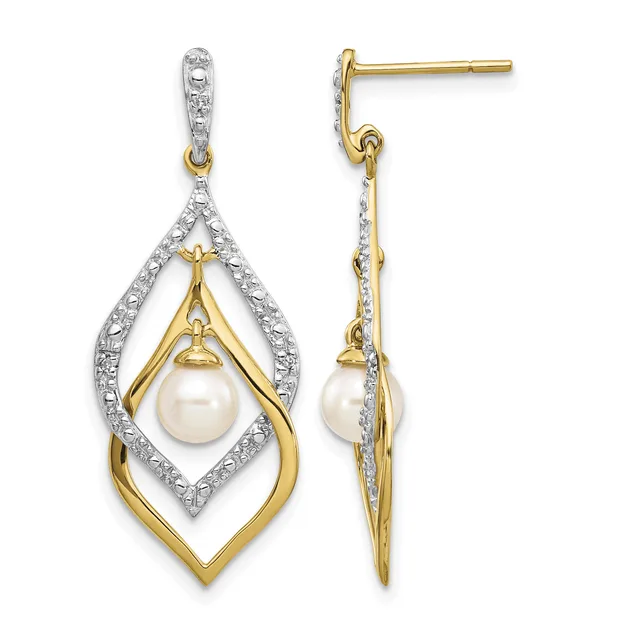 Pair of two-tone gold drop earrings with diamond-accented geometric frames and suspended pearl drops, shown from front and side views.