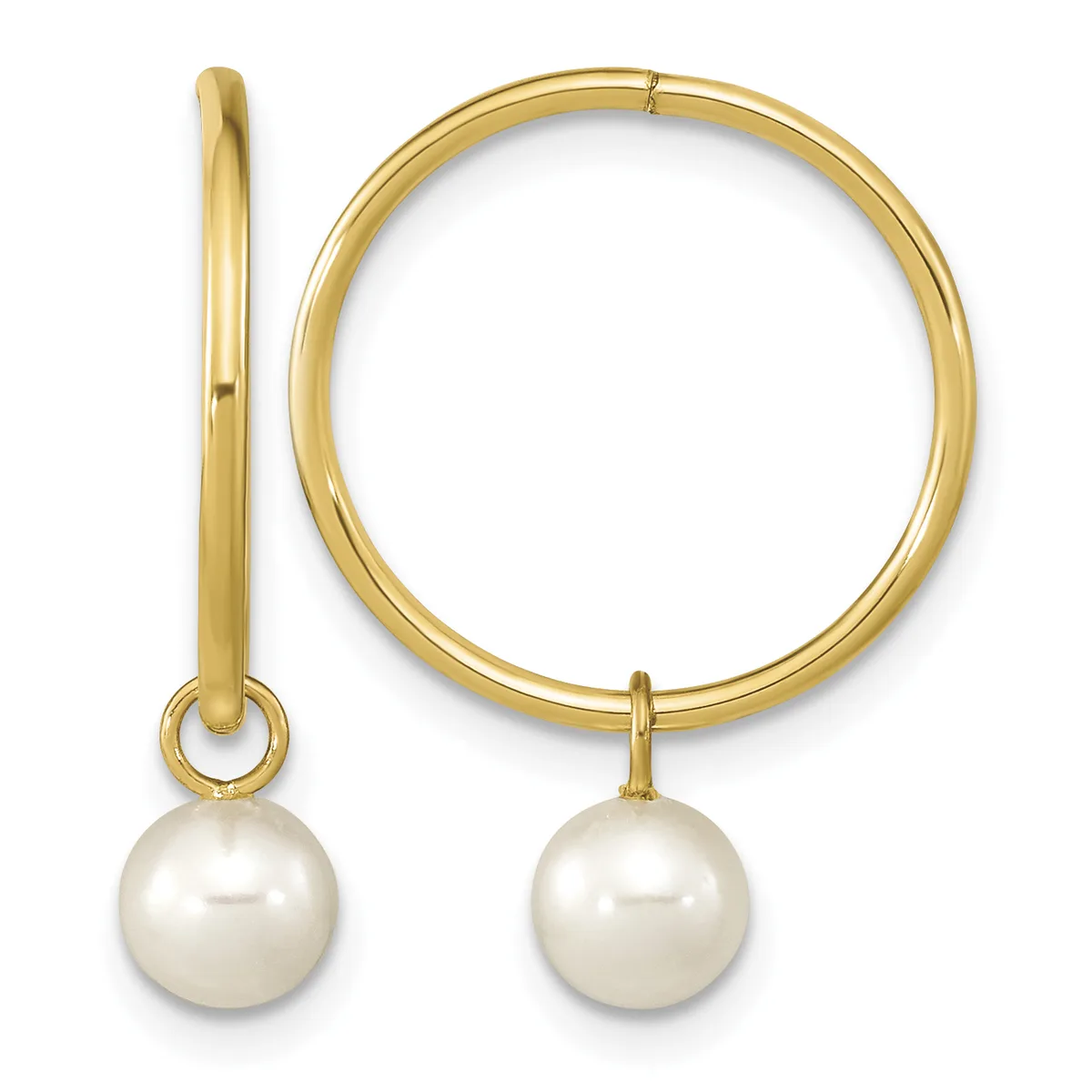 Pair of gold hoop earrings with dangling white pearl charms, shown from front and side views.