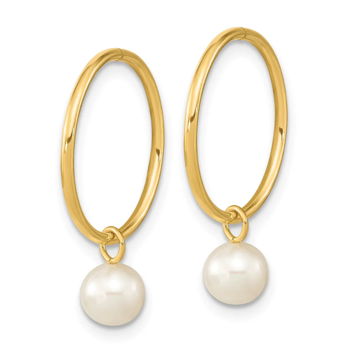 A pair of gold hoop earrings with white pearl drops attached to the bottom of each hoop.