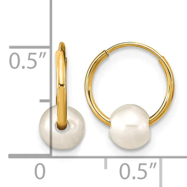 Gold hoop earrings with white pearl drops, shown from front and side views with measurements indicating approximately 0.5 inches in diameter.