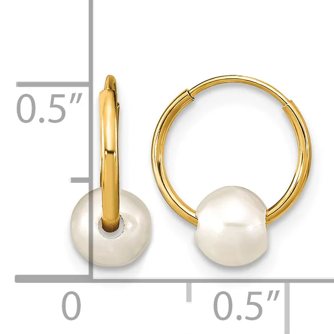 Gold hoop earrings with white pearl drops, shown from front and side views with measurements indicating approximately 0.5 inches in diameter.