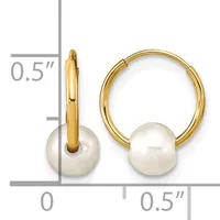 Gold hoop earrings with white pearl drops, shown from front and side views with measurements indicating approximately 0.5 inches in diameter.