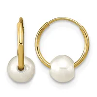 Pair of gold hoop earrings with white pearl drops, shown from front and side views.