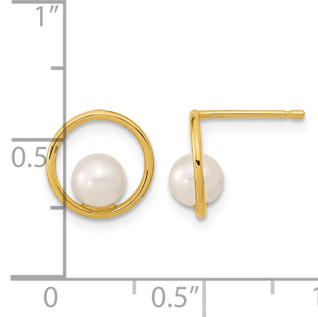 Pair of gold-tone circular stud earrings with white pearl centers, shown front and side view next to a ruler measuring approximately one inch tall.