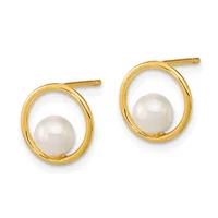 A pair of gold oval loop earrings, each featuring a white pearl centered within the curved frame, shown against a white background.