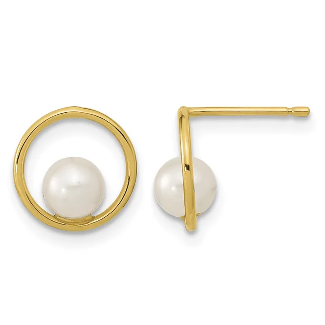 Pair of gold circular earrings with white pearls suspended in the center of each ring, shown from front and side views.