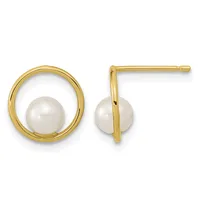 Pair of gold circular earrings with white pearls suspended in the center of each ring, shown from front and side views.