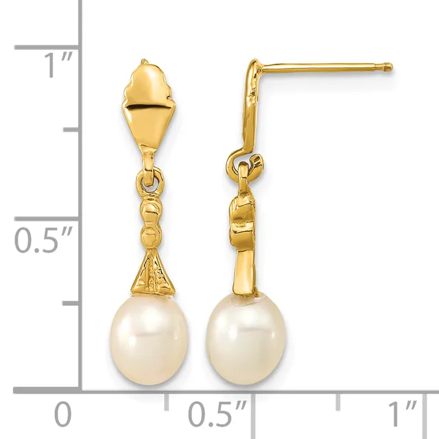 Pair of gold drop earrings with pearl pendants, shown front and back views against a ruler measuring approximately one inch in length.