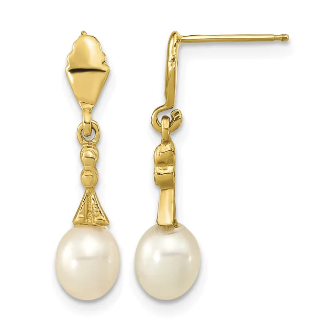 Pair of gold drop earrings with cream-colored pearl pendants hanging from decorative gold caps and connectors, shown from front and side views.