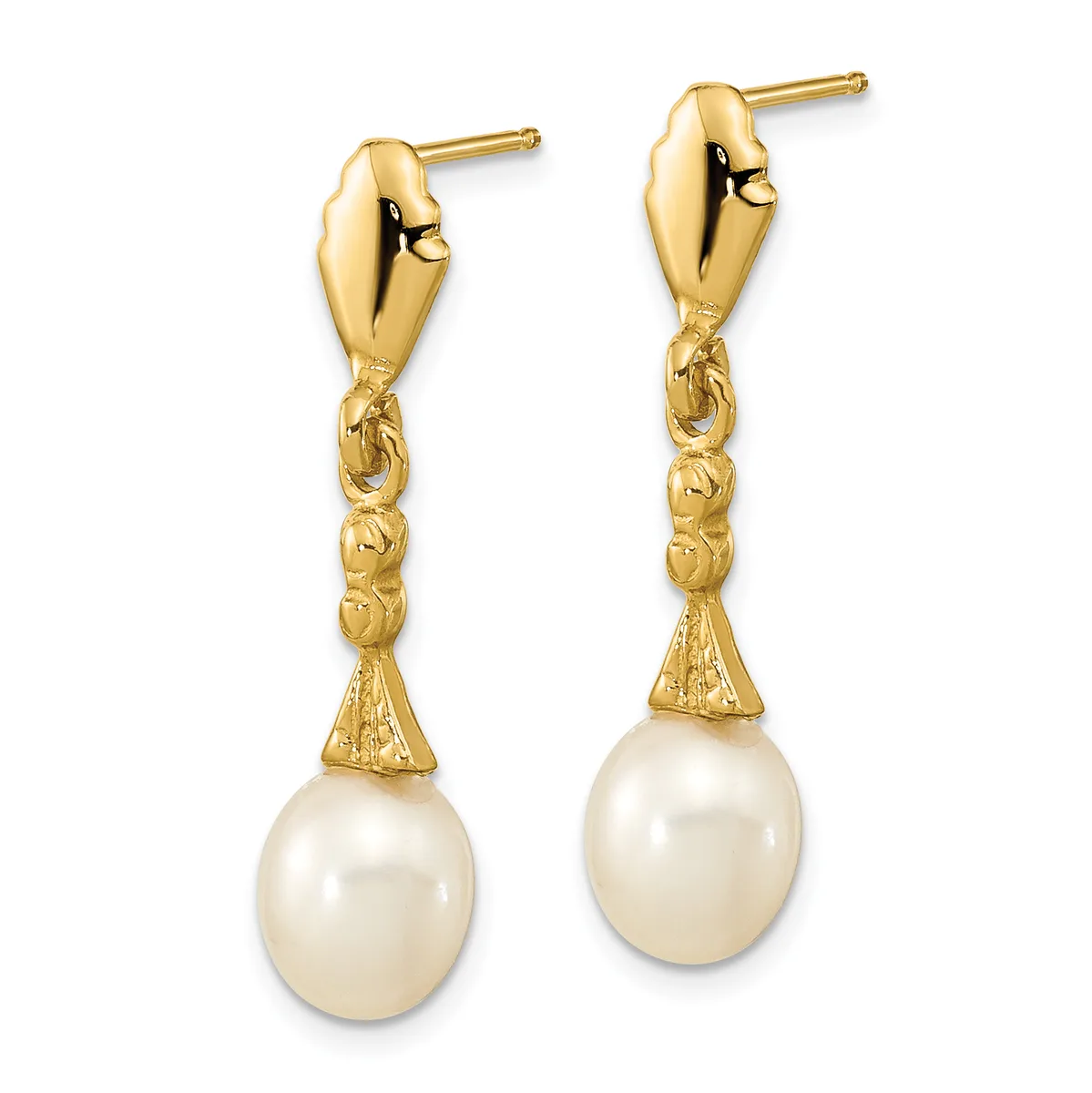 Pair of gold drop earrings with polished bulbous tops, textured chain-link connectors, and cream-colored pearl drops, shown against a white background.