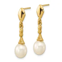 Pair of gold drop earrings with polished bulbous tops, textured chain-link connectors, and cream-colored pearl drops, shown against a white background.