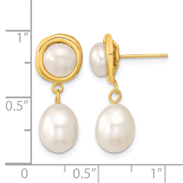 Gold-toned stud earrings with round pearl tops and dangling oval pearl drops, shown next to a measurement scale.