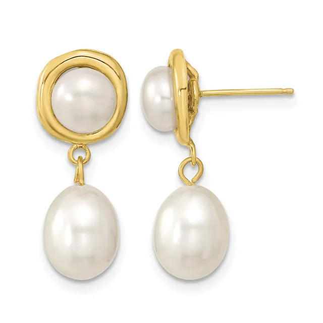 A pair of gold-toned stud earrings with round white pearls set in circular bezels, each with a dangling oval white pearl below.
