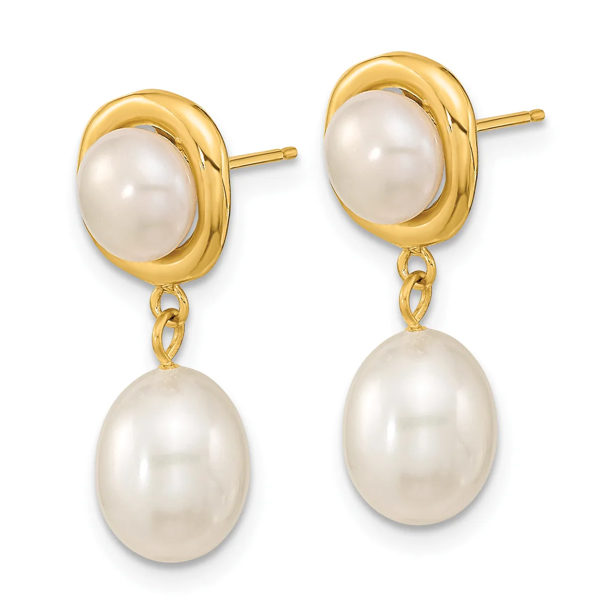 A pair of gold-toned drop earrings with oval pearl studs on top and larger dangling pearl drops below, connected by small chain links.