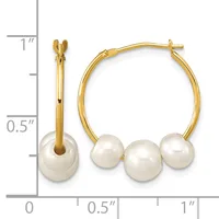 Gold-toned hoop earrings with three white pearl spheres suspended from each hoop, shown front and side view with a measurement scale.