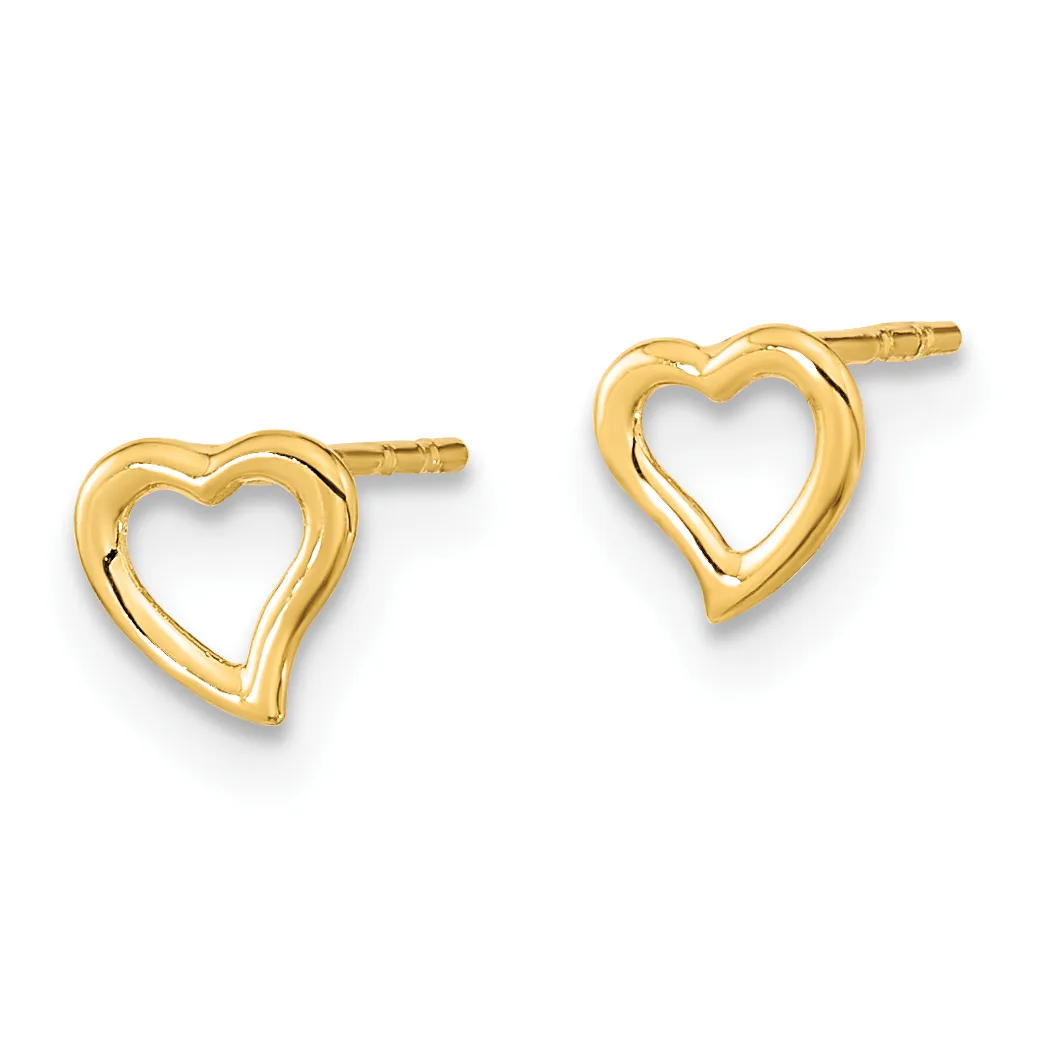 Pair of gold heart-shaped stud earrings with hollow centers and post backs displayed against a white background.