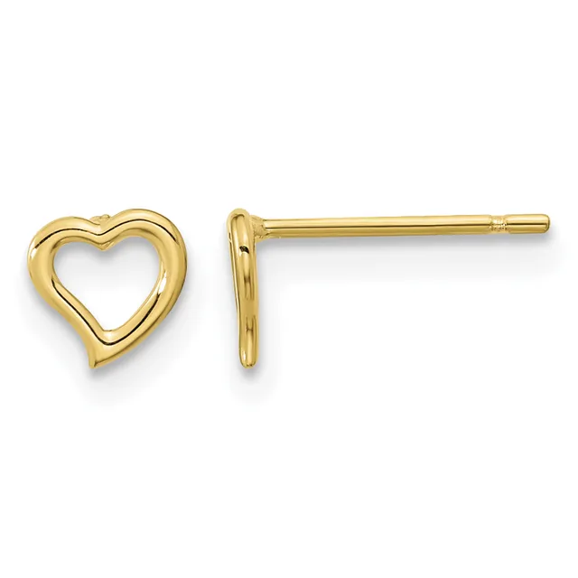 A pair of small gold heart-shaped stud earrings with hollow centers, shown from the front and side views.