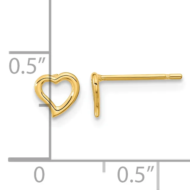 Gold heart-shaped stud earrings displayed with a measurement scale showing approximately 0.5 inches in height and width.