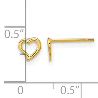 Gold heart-shaped stud earrings displayed with a measurement scale showing approximately 0.5 inches in height and width.