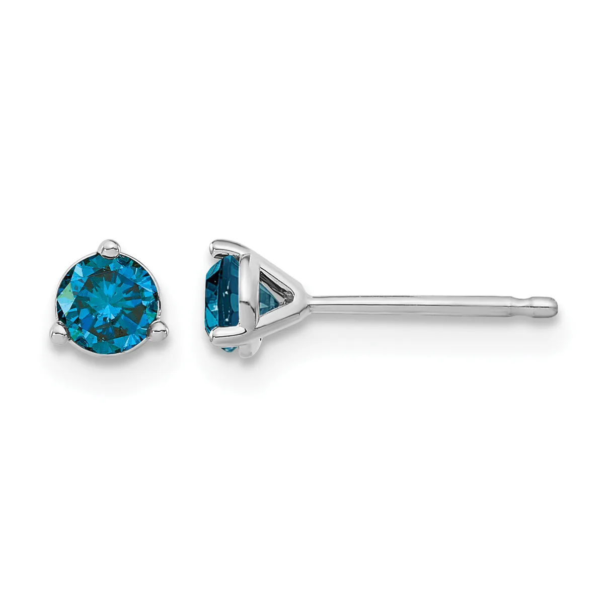 Pair of silver stud earrings with round brilliant-cut blue topaz stones set in three-prong settings, shown from front and side views.