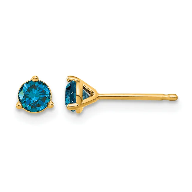 Pair of blue topaz stud earrings with three-prong settings in yellow gold, shown from front and side views.