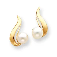 Pair of gold curved drop earrings, each featuring a white pearl suspended below a swooping gold arc with a brushed finish.