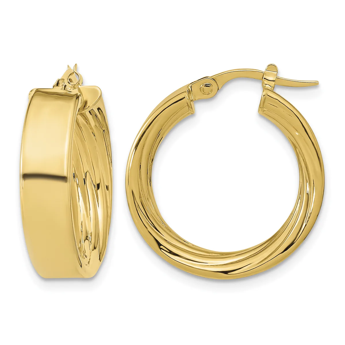 A pair of polished gold hoop earrings with a wide, flat band design shown from front and side angles.