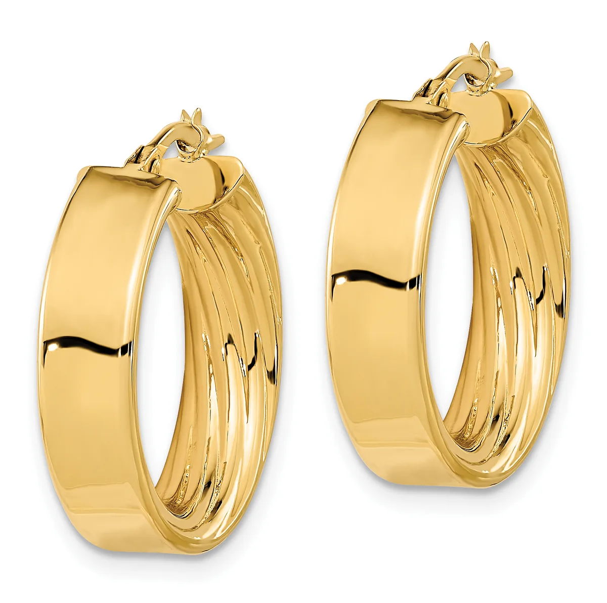 A pair of polished gold hoop earrings with ribbed texturing on the inner surface and smooth finish on the outer surface, shown at two different sizes.