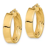 A pair of polished gold hoop earrings with ribbed texturing on the inner surface and smooth finish on the outer surface, shown at two different sizes.