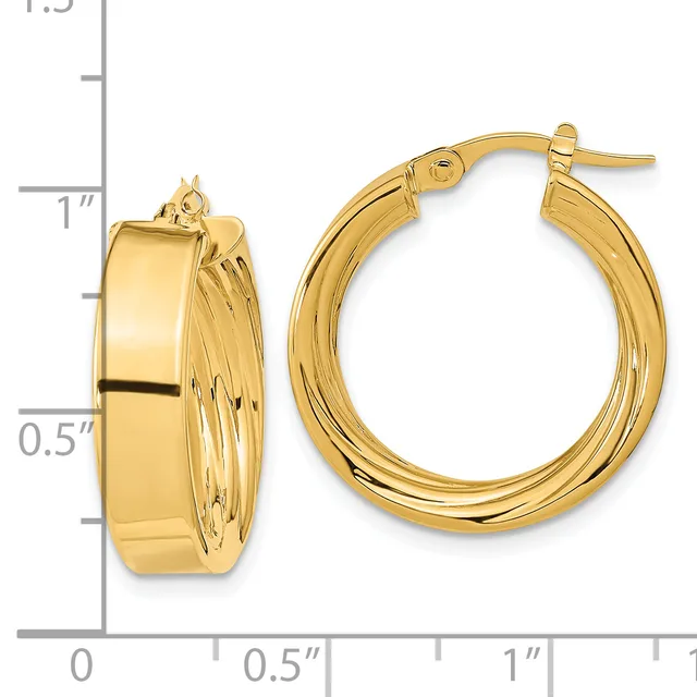 A pair of polished gold hoop earrings with textured sides, shown next to a measurement scale indicating approximately one inch in diameter.