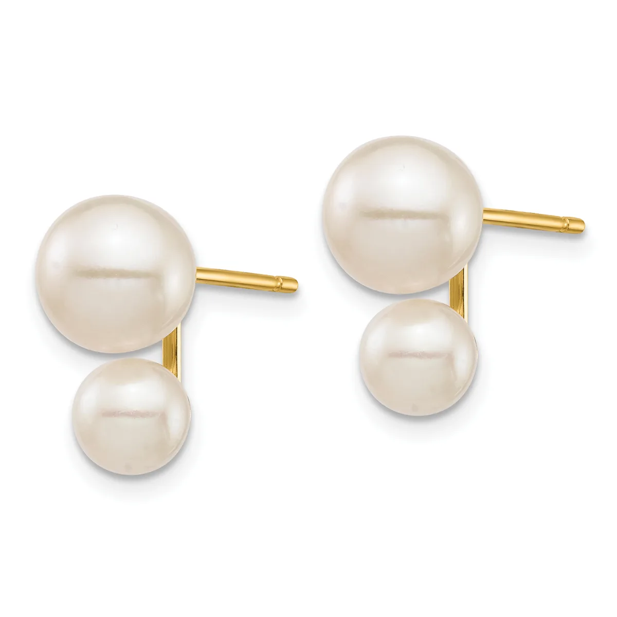 A pair of gold stud earrings with two graduated white pearls hanging from each post, displayed against a white background.