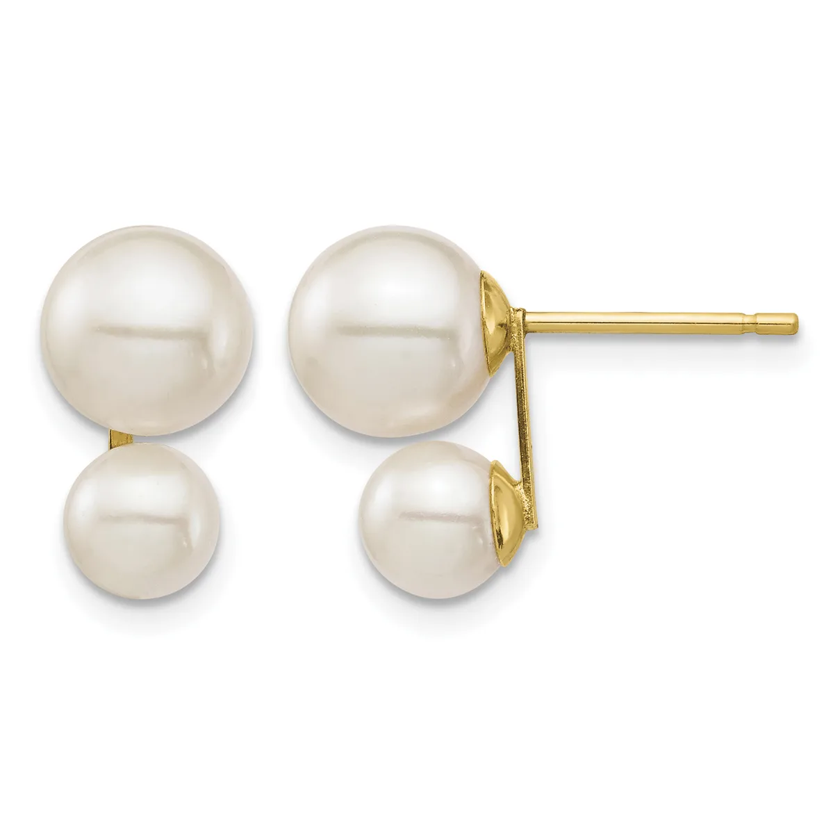 A pair of gold stud earrings with two pearls of different sizes attached to each post, displayed against a white background.