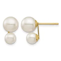 A pair of gold stud earrings with two pearls of different sizes attached to each post, displayed against a white background.