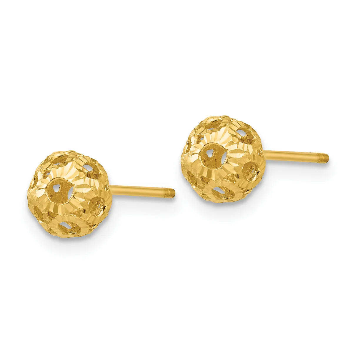 Pair of gold stud earrings with textured spherical balls on thin posts, displayed against a white background.