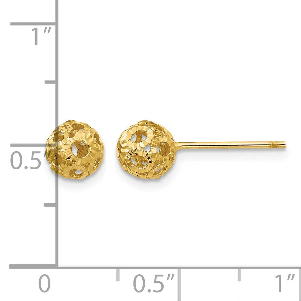 A pair of gold stud earrings with textured spherical heads shown next to a ruler indicating approximately 0.5 inches in diameter.