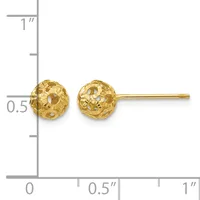 A pair of gold stud earrings with textured spherical heads shown next to a ruler indicating approximately 0.5 inches in diameter.