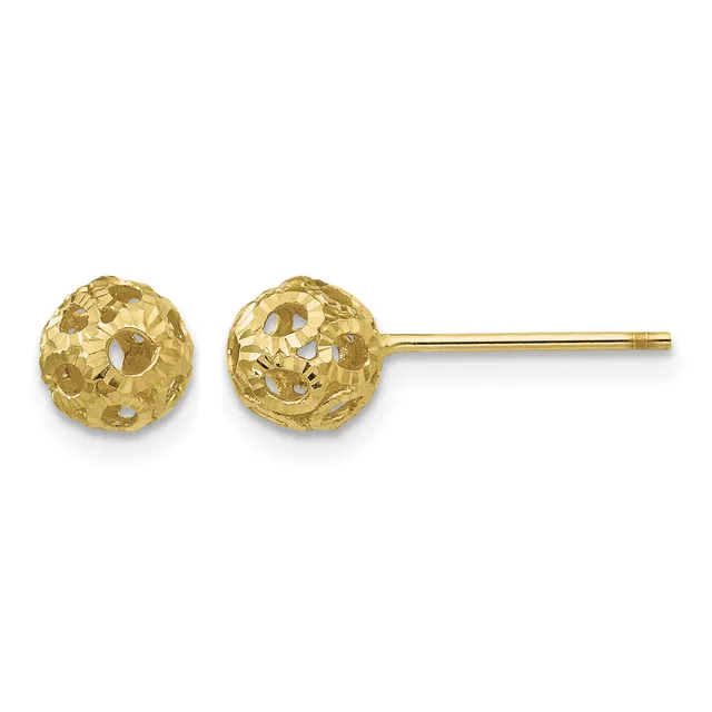 A pair of gold stud earrings with textured, dimpled spherical heads connected to thin posts.